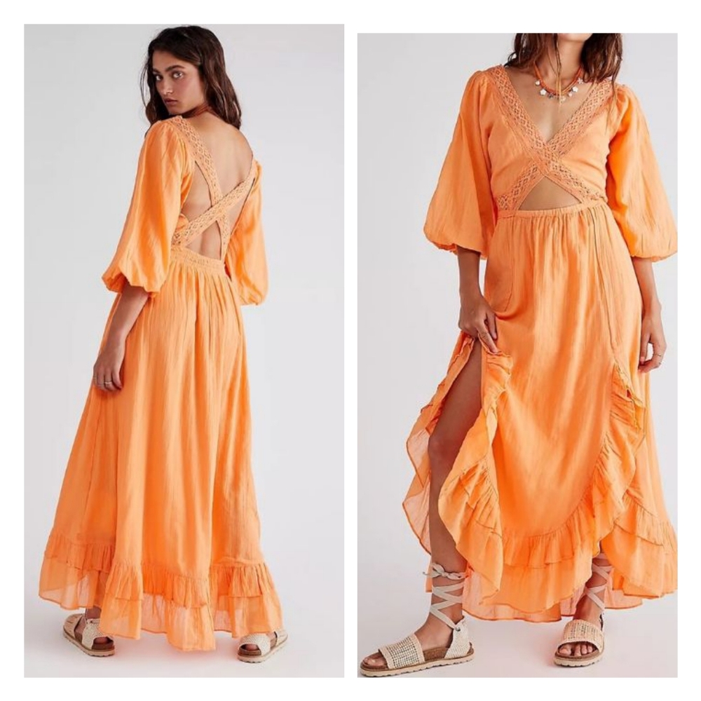 RARE Free People Endless Summer X's and O's Maxi Dress Orange Cutout Lace